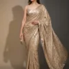 Beige Georgette Sequins Saree With Unstitched Blouse