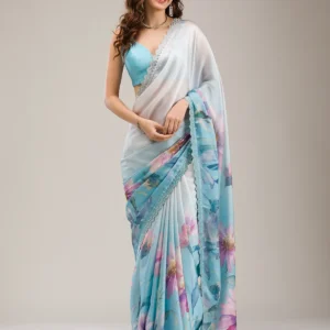 Sky Blue Satin Floral Stonework (Silver) Saree With Unstitched Blouse