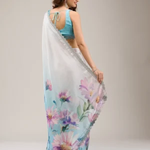 Alternative view of Sky Blue Satin Floral Stonework (Silver) Saree With Unstitched Blouse