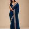 Navy Blue Soft Raw Silk Zariwork (Gold) Saree With Unstitched Blouse