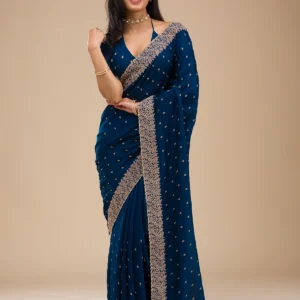 Navy Blue Soft Raw Silk Zariwork (Gold) Saree With Unstitched Blouse