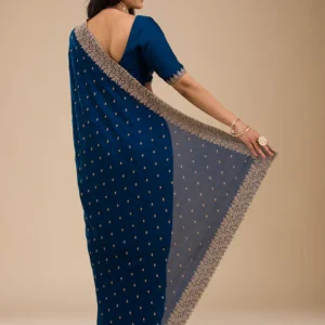 Alternative view of Navy Blue Soft Raw Silk Zariwork (Gold) Saree With Unstitched Blouse